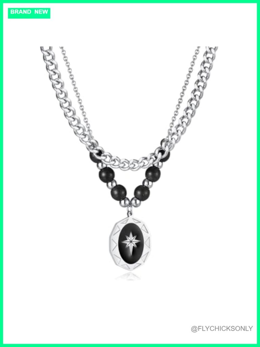 Stainless Steel Titanium Chain Necklace with Black Onyx Star Bead Amulet 17.7 in
